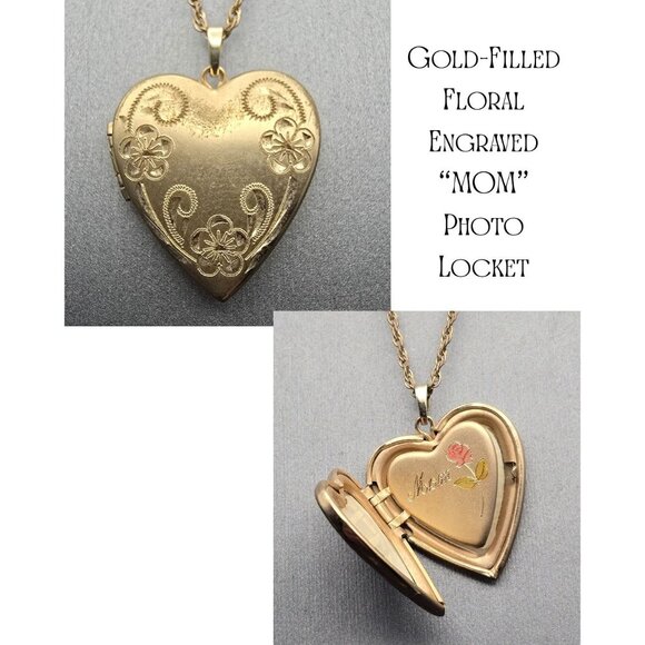 VTG Gold-Filled Engraved Floral Heart "MOM" Locket Pendant Necklace 20" - Picture 1 of 14